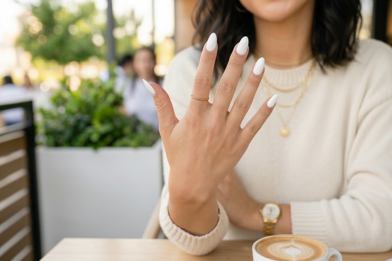A wide-angle, lifestyle beauty photograph focusing on a young woman's hand showcasing high-gloss, opaque white gel nails with a structured almond shape. The woman is seated at an outdoor cafe, wearing a cream-colored knit sweater and layered gold necklaces; her face is partially cropped to keep the emphasis on the manicure. The modern, sunlit setting features a light wood table with a latte, a succulent, and other cafe patrons in a softly blurred background, creating an aspirational, "Instagram-style" aesth