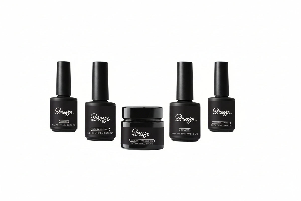 Breeze Polish prep and finish gel nail collection including base coat, primer, top coat, builder in a bottle, and builder in a jar.